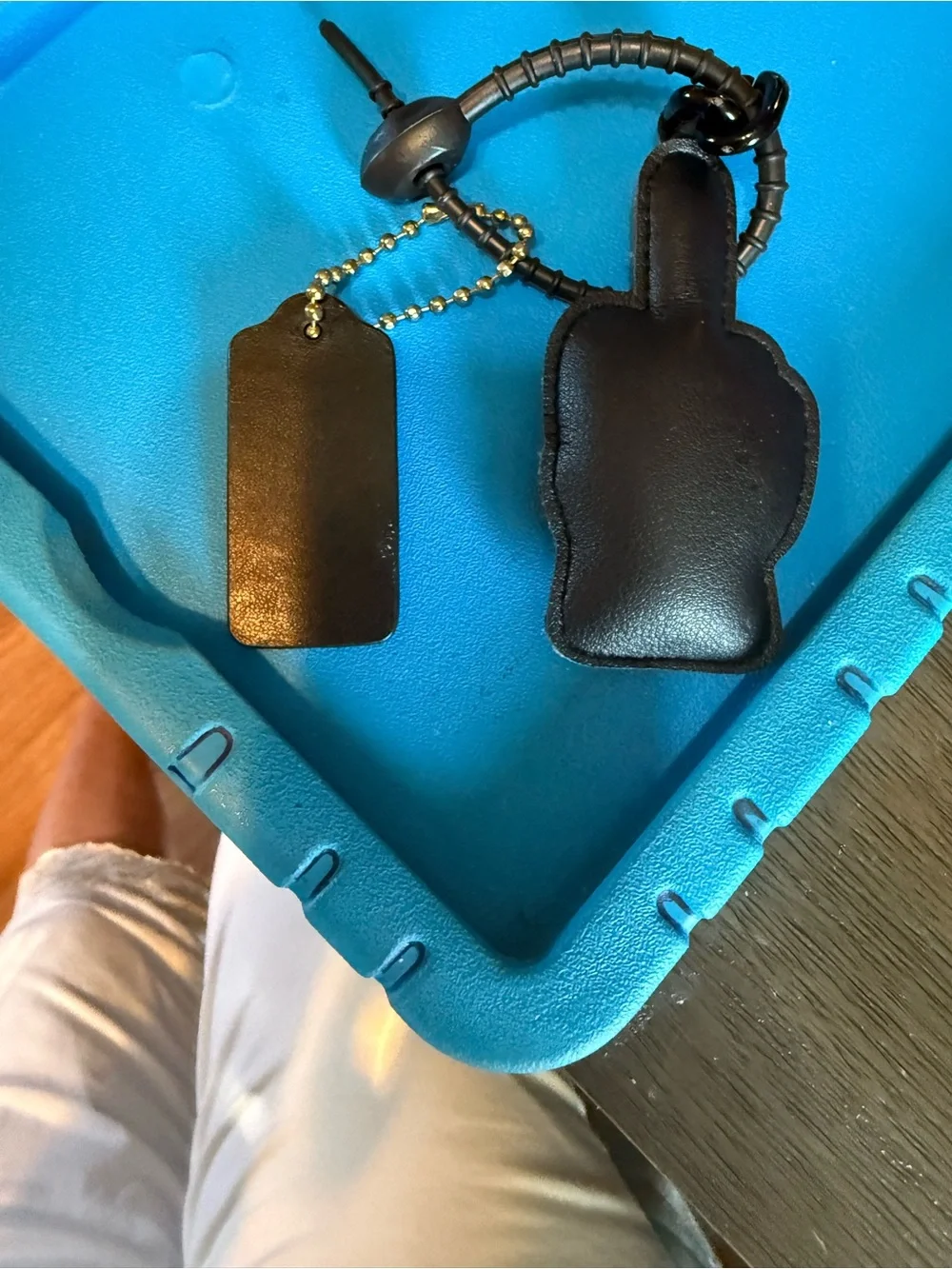 Coach Black Leather Middle Finger Keychain for women’s Accessories.